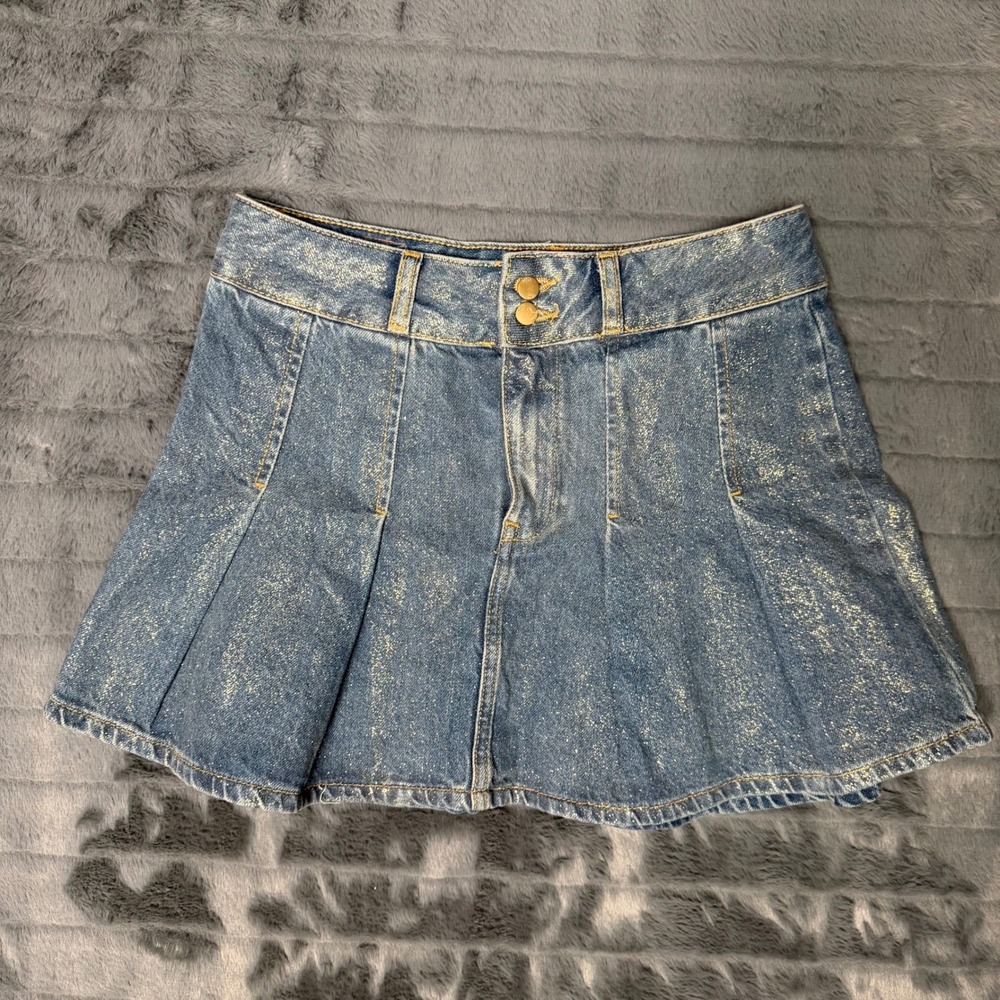 Zara Gold Metallic Foil Denim Mini Skirt Blue Pleated Y2K XS 6248